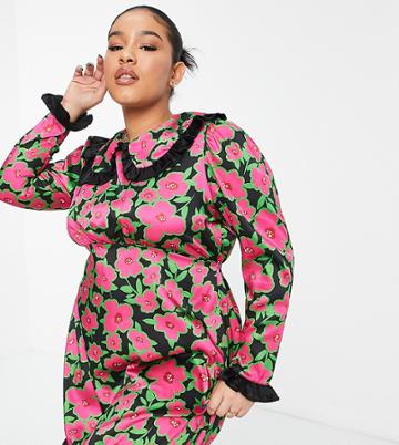 Twisted Wunder Plus Mini Dress With Bib Collar In Pink And Black Floral-multi