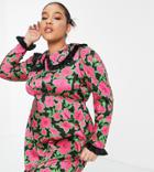 Twisted Wunder Plus Mini Dress With Bib Collar In Pink And Black Floral-multi