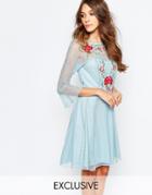 Frock And Frill Fluted Sleeve Skater Dress With Folk Embroidery - Light Blue