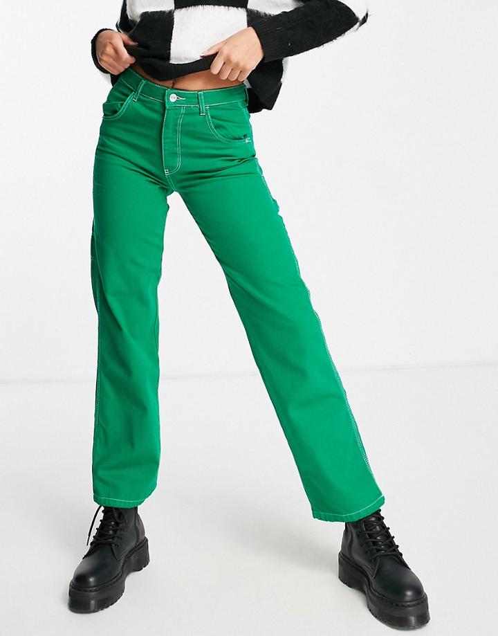 Bershka Carpenter Utility Jeans With Contrast Stitching In Bright Green