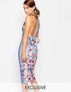 True Violet High Neck Pencil Dress With Bow Back - Blue Floral