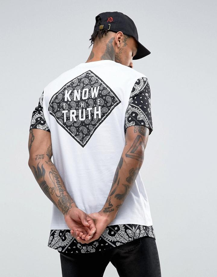 Asos Super Longline T-shirt With Bandana Text Print & Curved Hem Extender - White