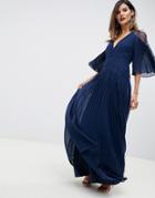 Asos Design Pleated Paneled Flutter Sleeve Maxi Dress With Lace Inserts-navy