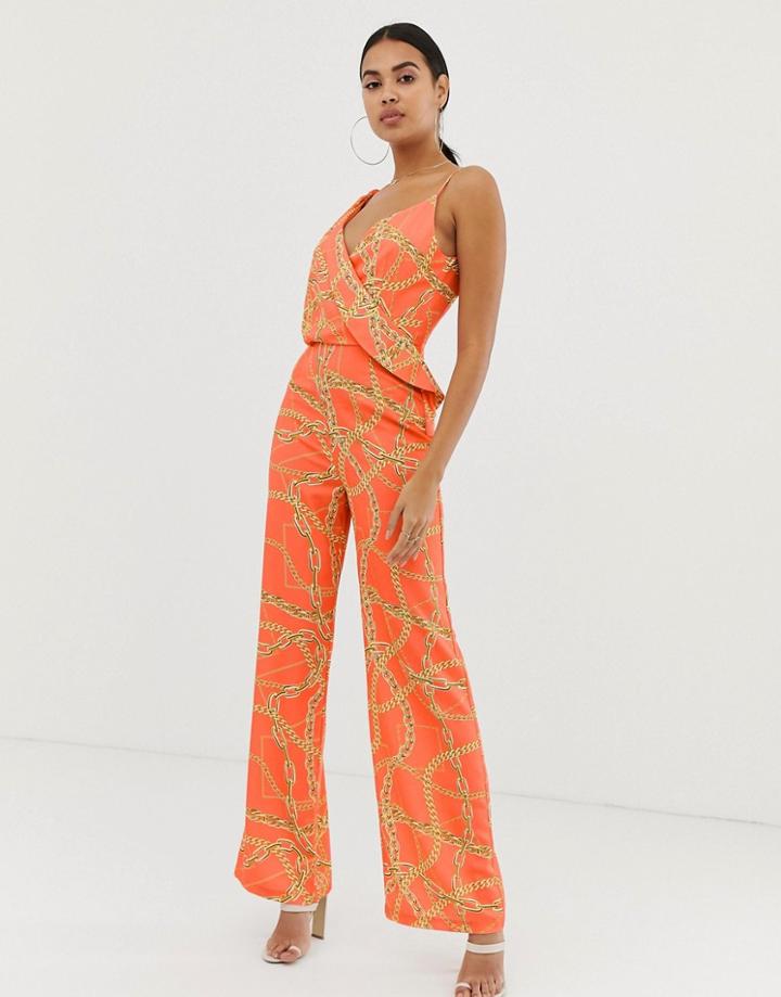 4th + Reckless Flared Leg Chain Print Jumpsuit In Orange - Multi