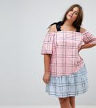 Asos Curve Check Mix And Match Cold Shoulder Cotton Mini Dress - Multi