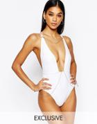 Wolf & Whistle Plunge Chain Detail Swimsuit B-f Cup - White