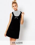Lazy Oaf Corduroy Pinafore Dress With Messed Up Slogan - Black