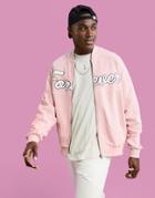 Asos Design Oversized Jersey Bomber Jacket In Pink With Large Text Applique
