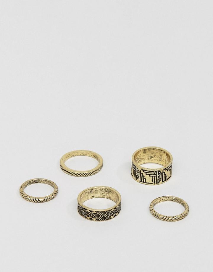Asos Band Ring Pack In Burnished Gold Finish - Multi
