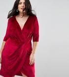Club L Plus Velour Wrap Front Dress - Red
