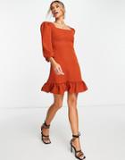 Trendyol Long Sleeve Frill Mini Dress In Rust-black