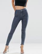 Asos Rivington High Waist Denim Jeggings In Mottled Darkwash With Step Hem - Blue