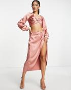 Miss Selfridge Satin Drape Wrap Midi Skirt In Dark Blush-pink