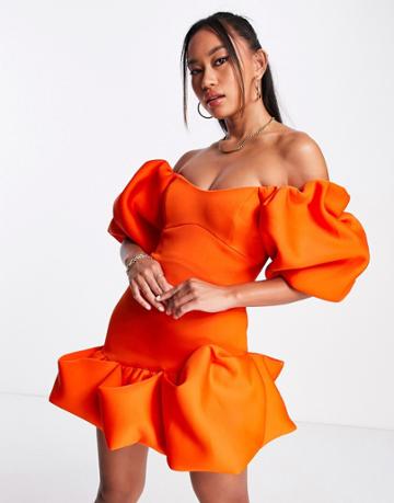 Asos Design Bardot Extreme Puffball Mini Dress In Flame Orange