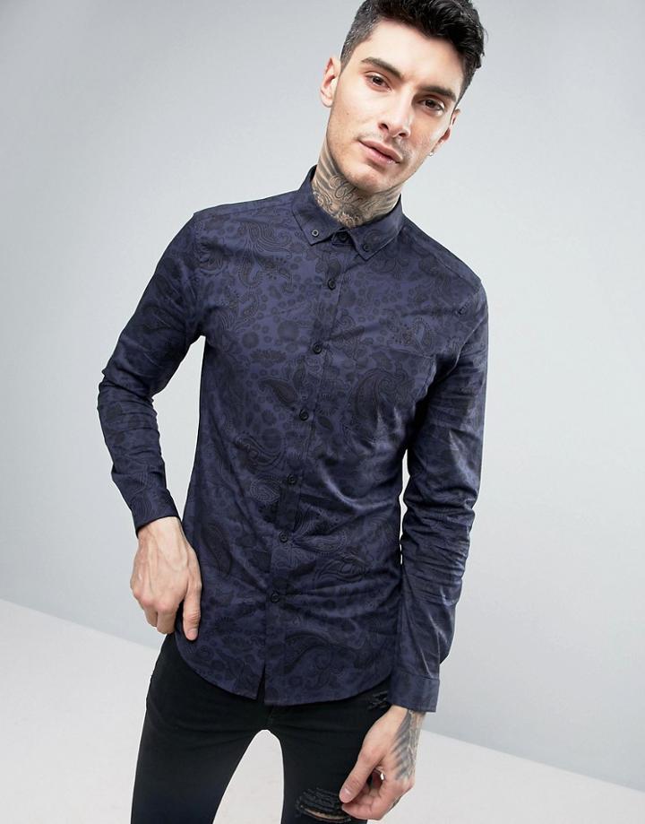 Asos Stretch Slim Shirt With Paisley Print - Black