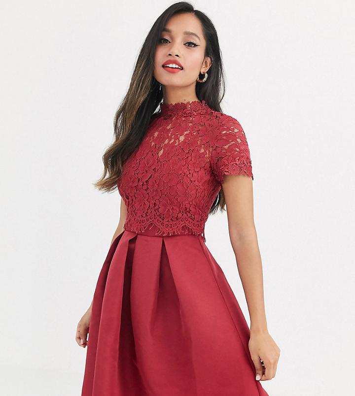 Little Mistress Petite Lace Upper Skater Dress-red