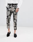 Devils Advocate Silver Floral Embroidered Skinny Fit Cropped Suit Pants - Black