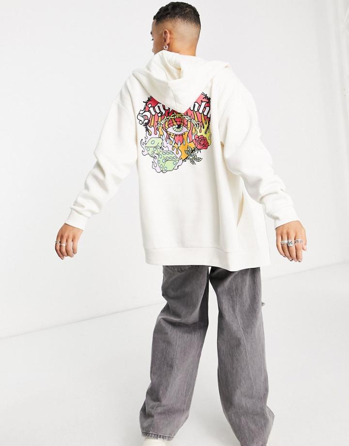 Asos Design Oversized Zip Thru Hoodie In Off White With Tattoo Back Print