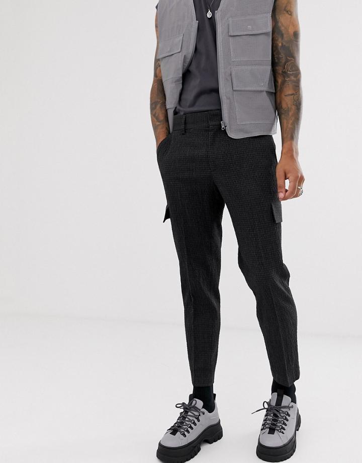 Asos Design Slim Crop Smart Seersucker Cargo Pants In Charcoal With Contrast Stitching - Gray