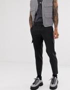 Asos Design Slim Crop Smart Seersucker Cargo Pants In Charcoal With Contrast Stitching - Gray