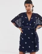 Asos Design Mini Dress With Wrap And Tie In Embellished Clusters - Multi