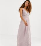 Tfnc Petite Bridesmaid Halter Neck Maxi Dress With Lace Inserts In Taupe-brown