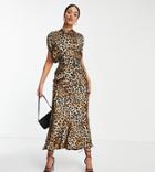 Asos Design Tall Satin Midi Tea Dress With Puff Sleeves And Belt In Animal Print-multi