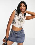 Asos Design Cut Out Top In Slinky Mesh In Tattoo Print-multi