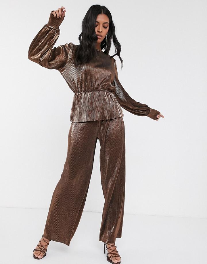 Vero Moda Two-piece Plisse Pants With Wide Leg In Copper-brown
