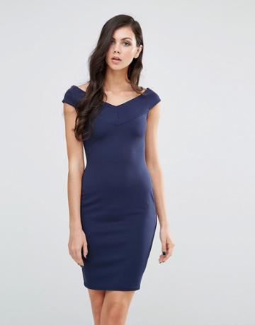 Lipstick Boutique Bardot Pencil Dress - Navy
