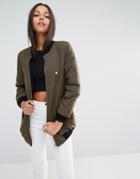 Missguided Faux Shearling Lined Longline Bomber Jacket - Green