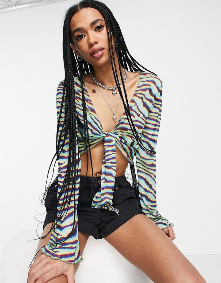 Bershka Tie Front Floaty 90s Blouse In Blue Zebra Print