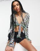 Bershka Tie Front Floaty 90s Blouse In Blue Zebra Print