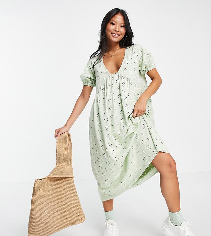 Asos Design Petite Eyelet V Neck Midi Dress With Empire Seam Detail In Sage Green