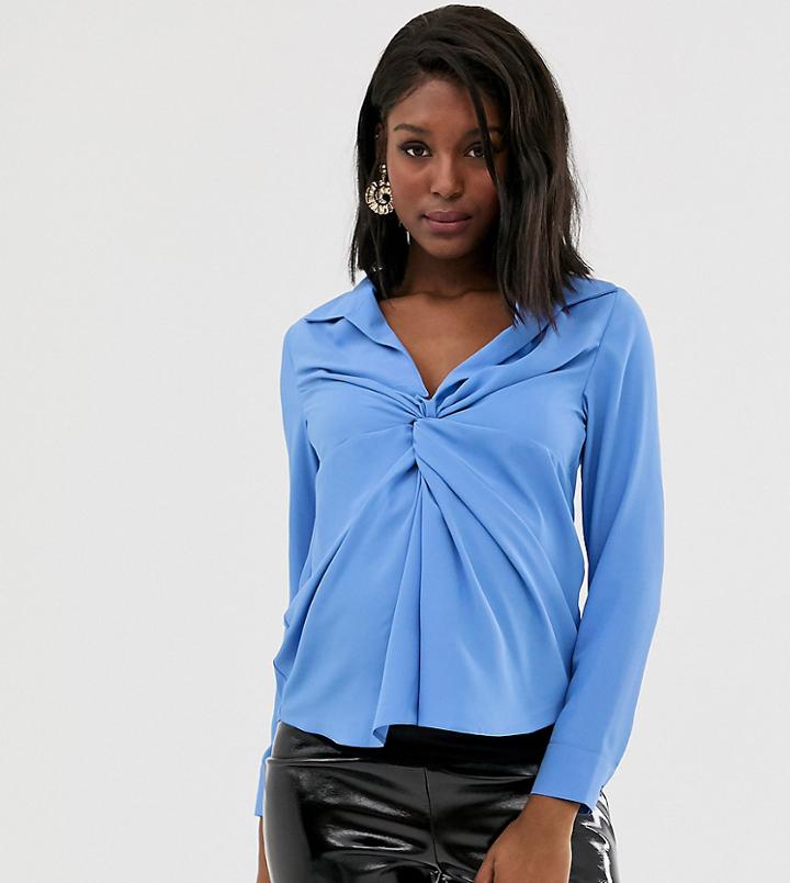Asos Design Maternity Long Sleeve Plunge Shirt With Knot Front-blue