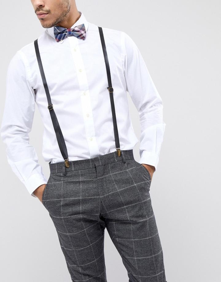 7x Leather Plaid Suspenders And Bow Tie Set - Blue
