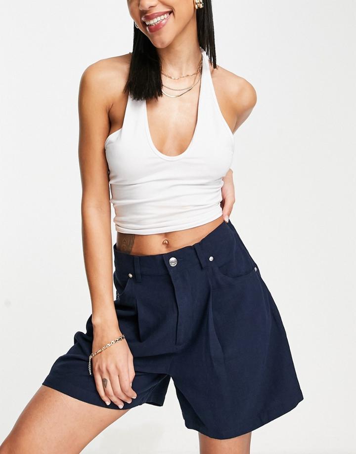 Asos Design Dad Short In Navy Linen-blue
