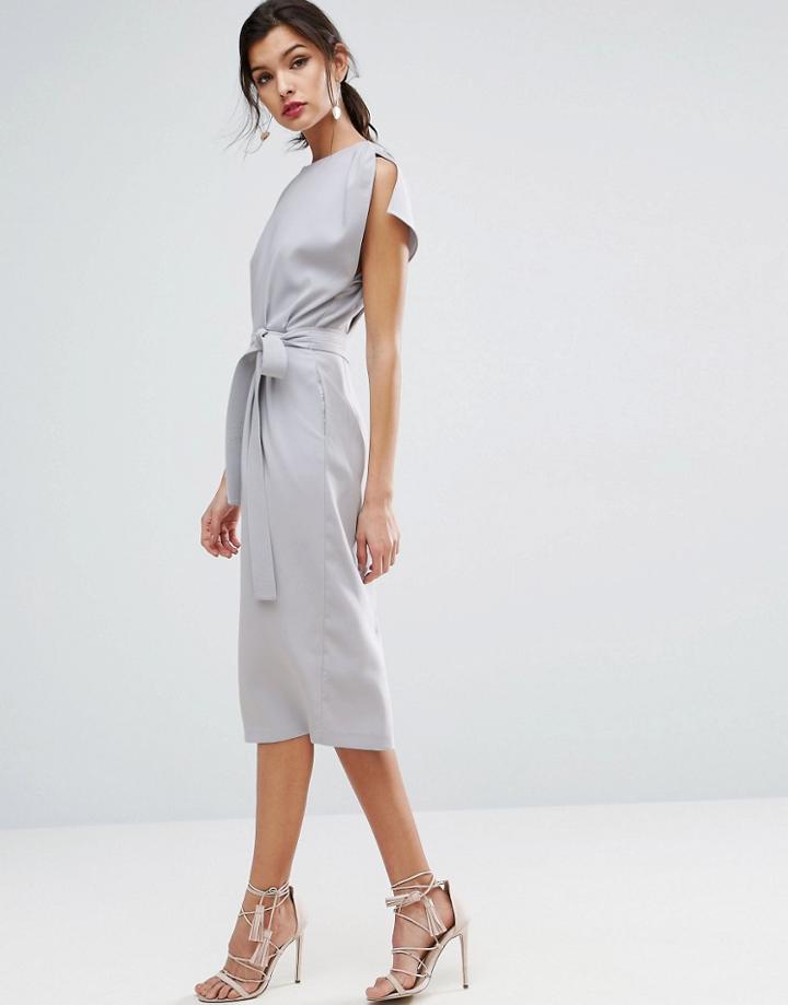 Asos Belted Midi Dress With Split Cap Sleeve And Pencil Skirt - Blue