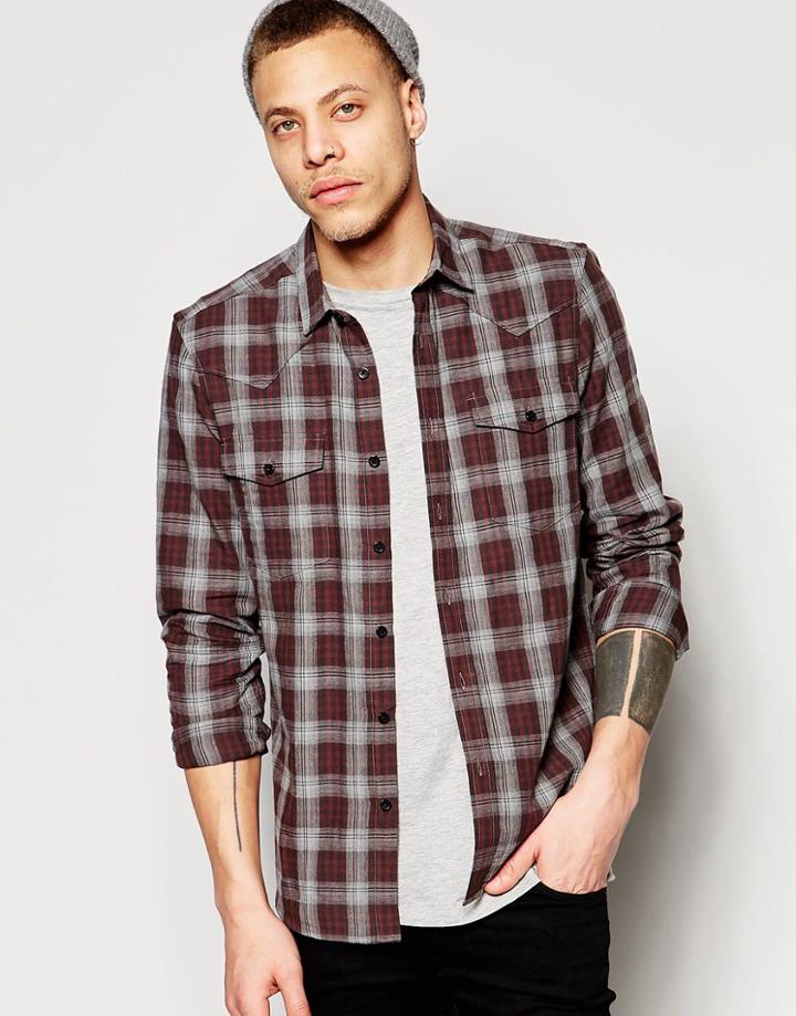 Asos Longline Check Shirt In Western Styling With Long Sleeves - Gray