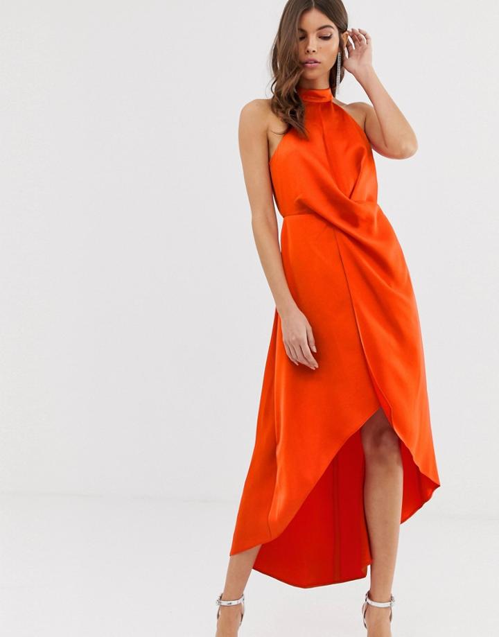 Asos Design Satin Midi Dress With High Neck And Wrap Skirt-orange