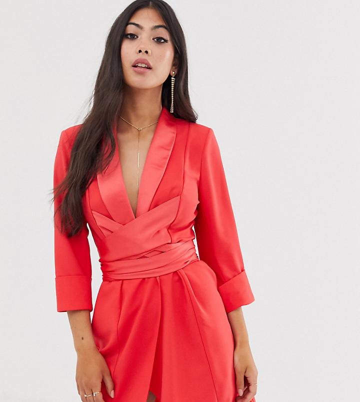 Asos Design Petite Mini Tux Dress With Self Belt-red