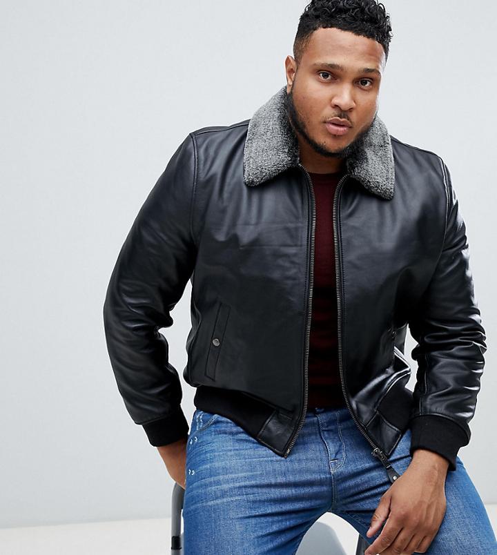 Schott Leather Flight Jacket With Detachable Faux Fur Collar In Black