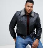 Schott Leather Flight Jacket With Detachable Faux Fur Collar In Black