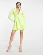 Asos Design Origami Tuck Mini Tux Shirt Dress In Lime-green