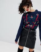 Mango Embroidered Knit Sweater - Navy
