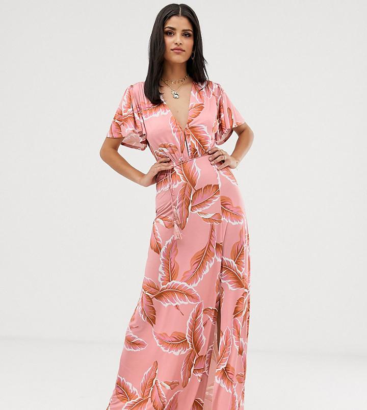Asos Design Tall Floral Flutter Sleeve Maxi Dress With Tassel Belt-multi