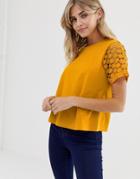 Asos Design T-shirt With Lace Sleeve - Yellow