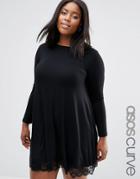 Asos Curve Swing Dress With Lace Hem And Long Sleeve - Black