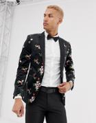 Tux Till Dawn Slim Fit Floral Embroidred Velvet Jacket - Black