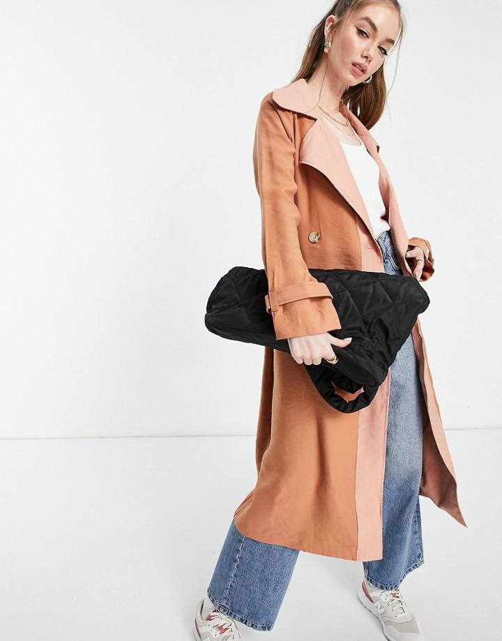 Native Youth Belted Trench Coat With Constrast Panels-brown